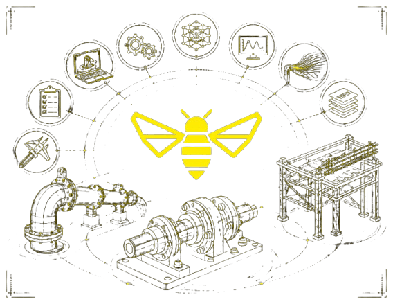 Trigona Digital engineering showcase with centered bee logo surrounded by mechanical, piping, and structural wireframe models